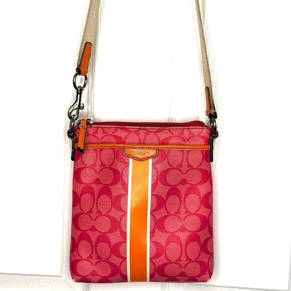 Coach Signature Stripe Crossbody Bag Pink Orange Canvas Leather Trim - Picture 3 of 8